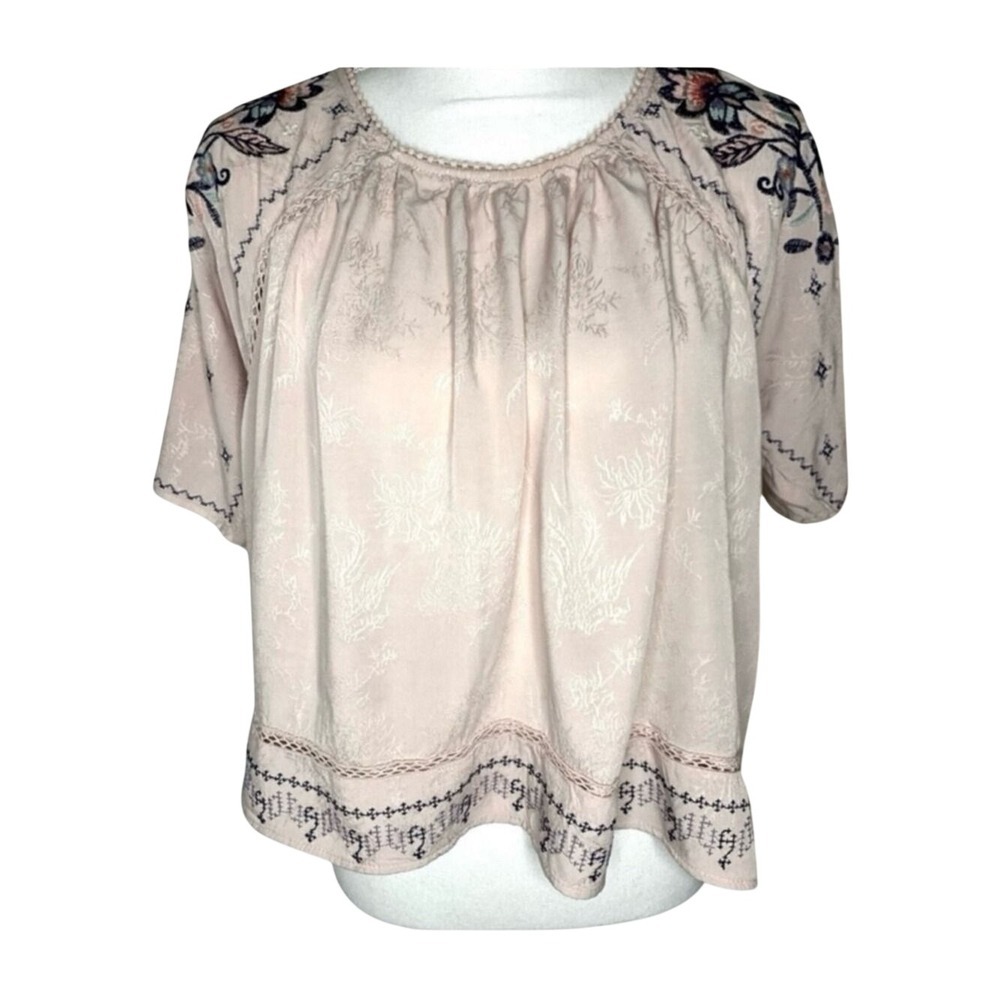 Knox Rose Boho Embroidered Crochet Flutter Sleeve Top Blouse Women Oversized XS